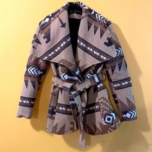 New Look Wool Blend Belt Tie 2 Button Coat with Southwest Pattern